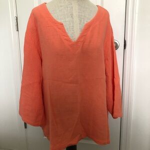Sun Moda Sherbet Orange V-Neck Cotton Gauze Lightweight Tunic Top